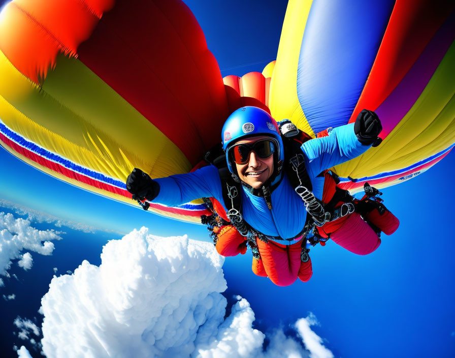 Blue jumpsuit skydiver smiles with hot air balloon and clouds.