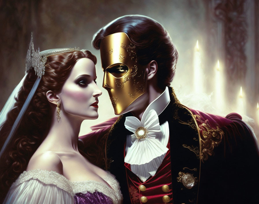 Bride and masked groom in elegant attire share intimate moment in candlelit room