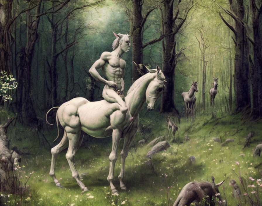 Mythical centaur in serene forest glade surrounded by lush greenery