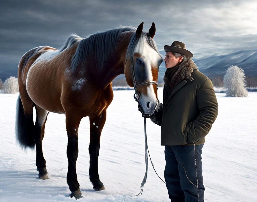 Person in hat and coat near brown and white horse in snowy mountain landscape