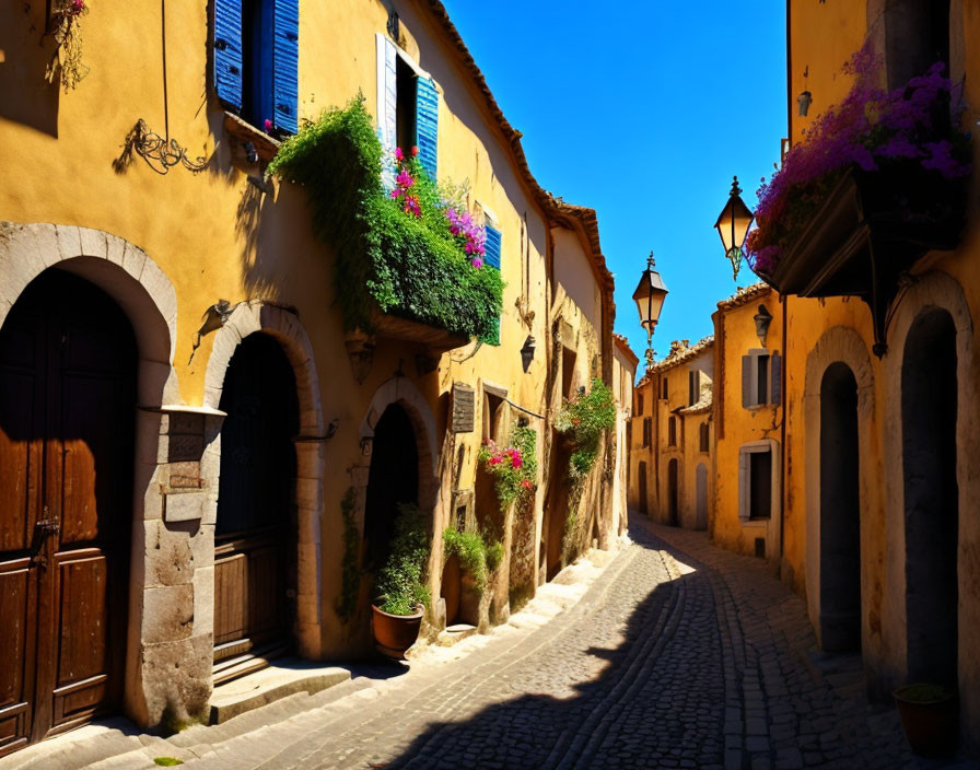 Vibrant Yellow Houses on Cobblestone Street with Flowering Plants