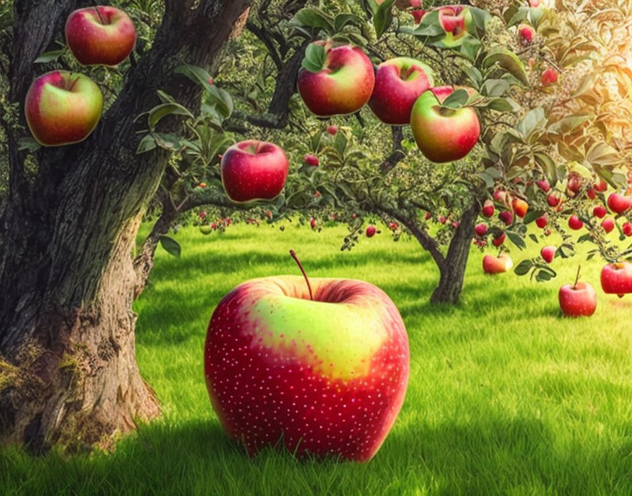 Vibrant apple orchard with oversized apple in foreground