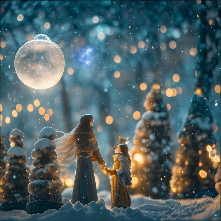 Winter fairy tale scene with glowing orb and snow-covered trees