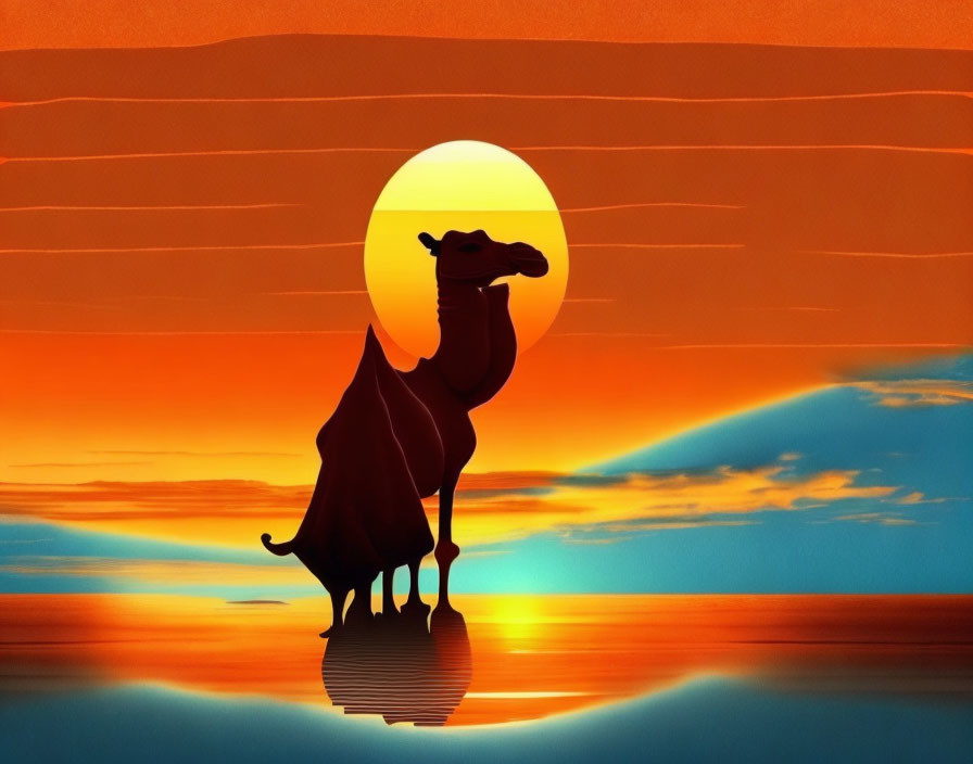 Camel silhouette against vibrant orange sunset and water reflection