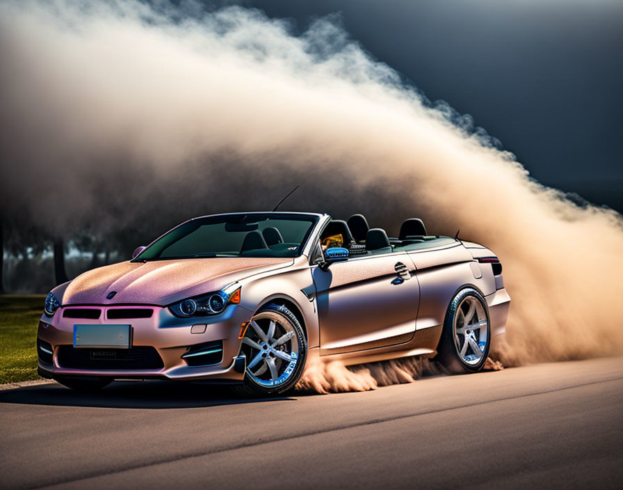 Customized convertible sports car drifts on asphalt road at dusk