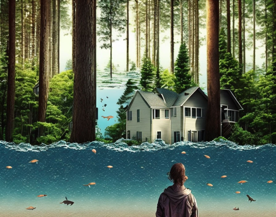 Person standing in surreal forest merging with underwater scene