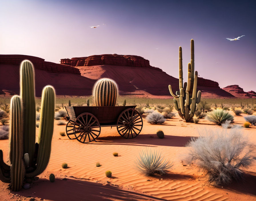 Vintage wooden cart in desert with cacti, shrubs, red rocks, and birds.