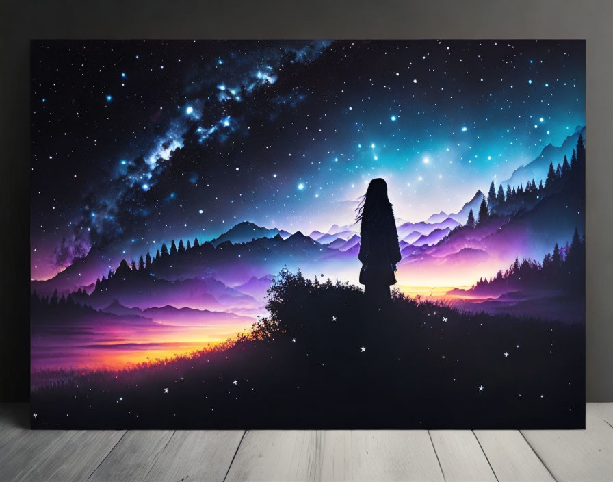 Silhouetted figure under starry sky and comet over purple mountains