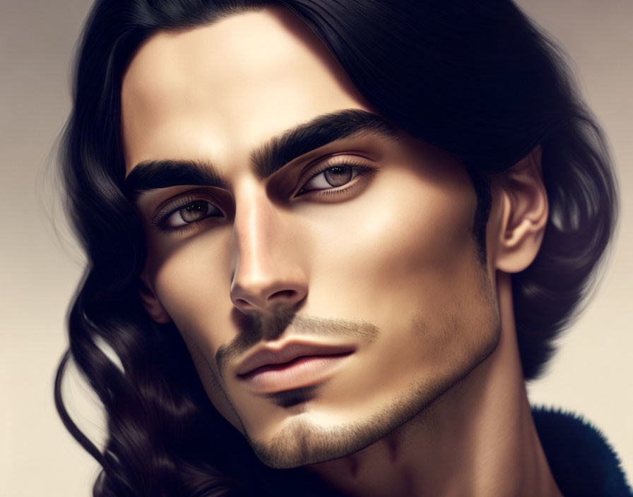 Portrait of a man with long dark hair and strong features