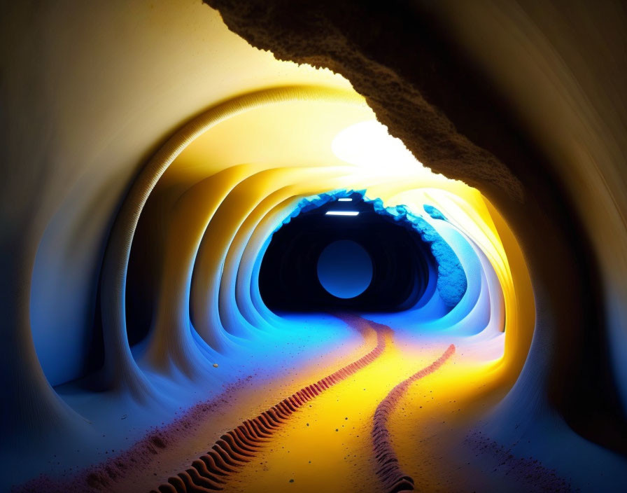 Vibrant illuminated tunnel with color gradient walls and sandy floor.