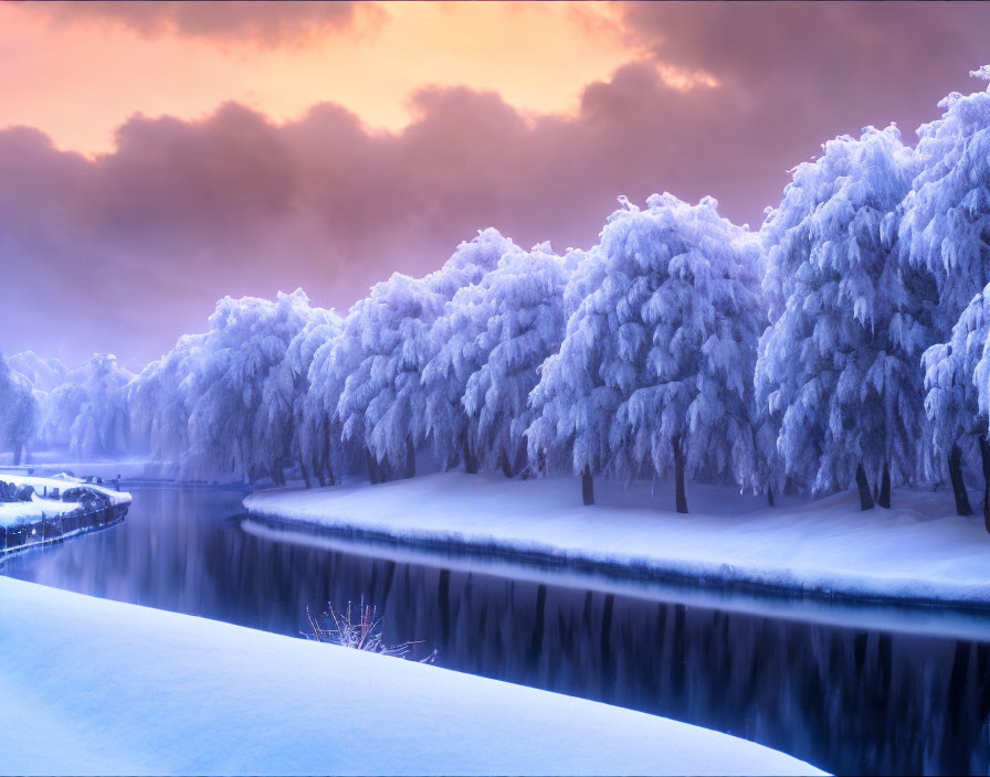 Snow-covered trees and calm river in twilight winter landscape