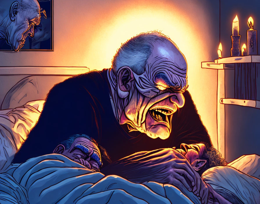 Aged vampire with sharp fangs looming over victim in bed under warm candlelight