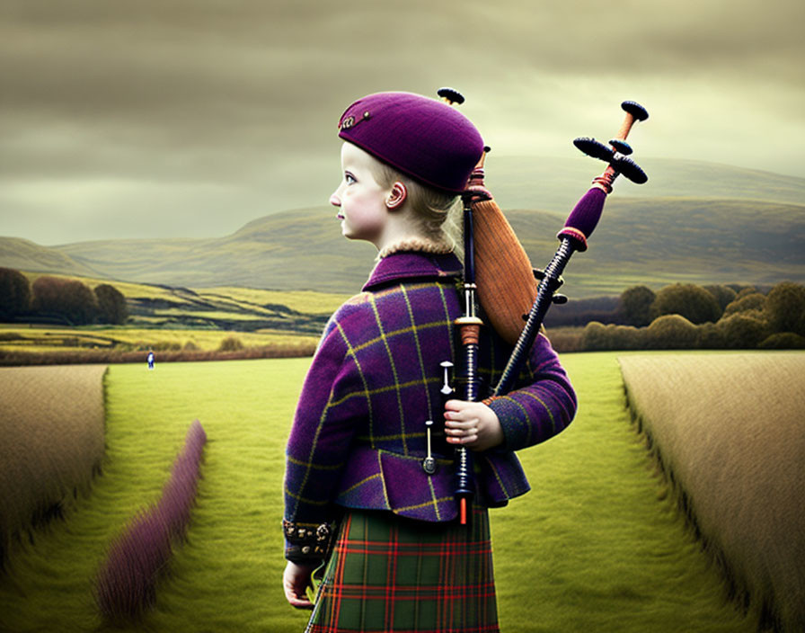 Young child in Scottish attire with bagpipes on green field