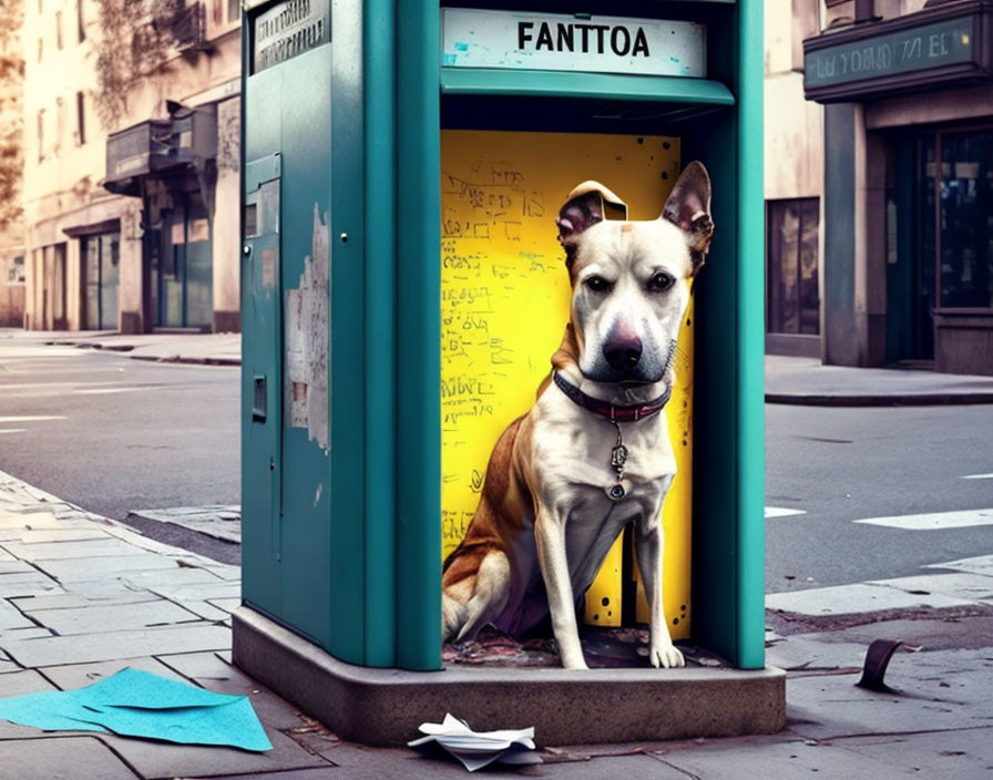 Big dog in tiny phone booth on urban street with papers.