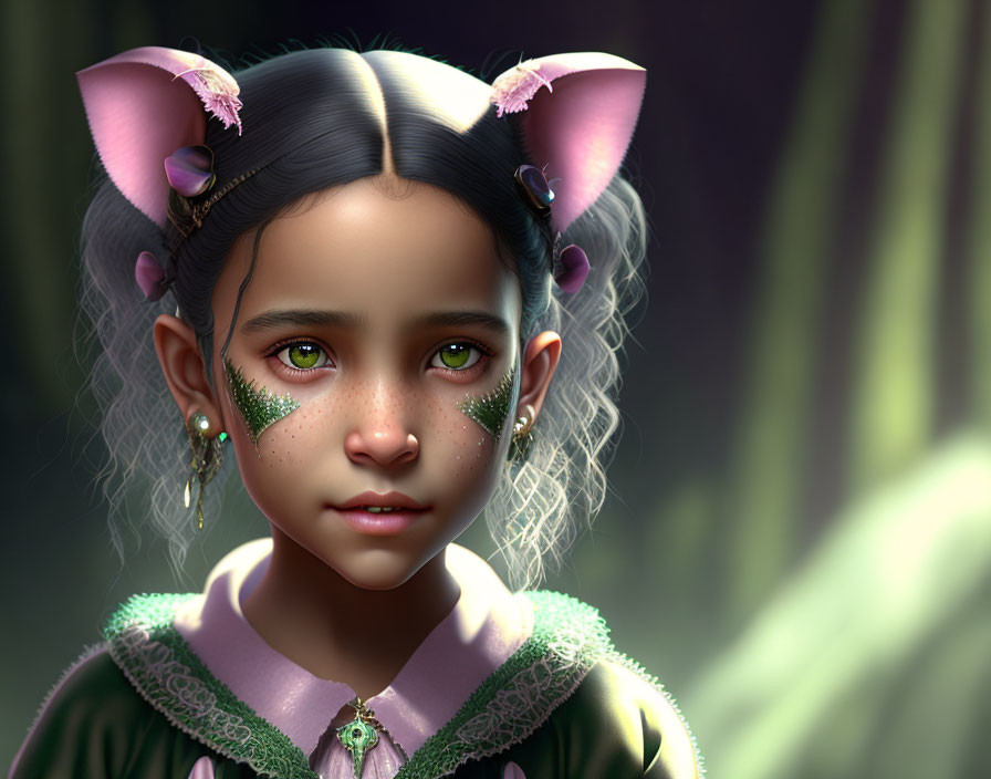 Young girl portrait with fantasy cat ears and green eyes in soft sunlight.