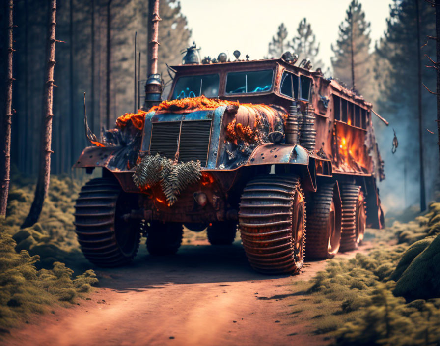 Armored vehicle with tank-like tracks and festive decorations in forest.