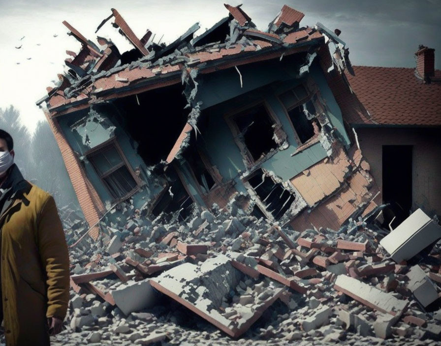 Person in Yellow Jacket and Mask Faces Collapsing House