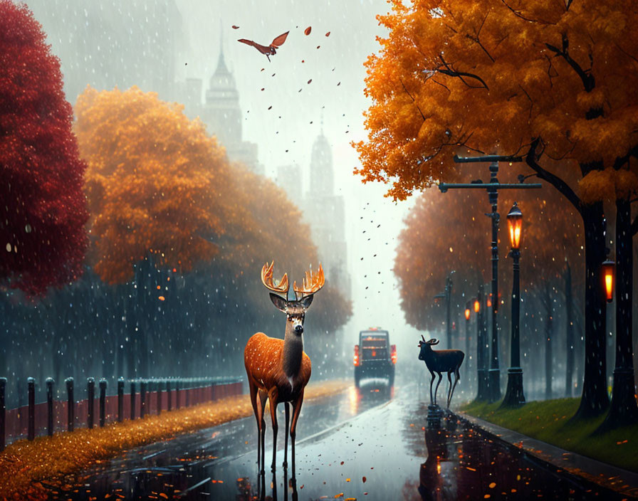 Majestic deer on wet city street in autumn with falling leaves and bus approaching