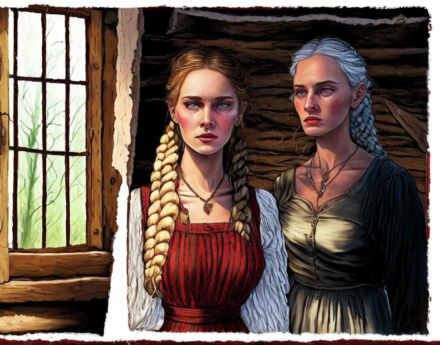 Illustrated women with braided hair by rustic window