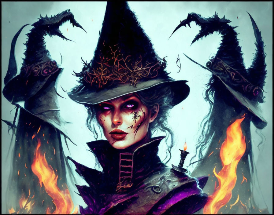 Mystical witch with pointed hat and fiery eyes in fiery scene with shadowy figures.