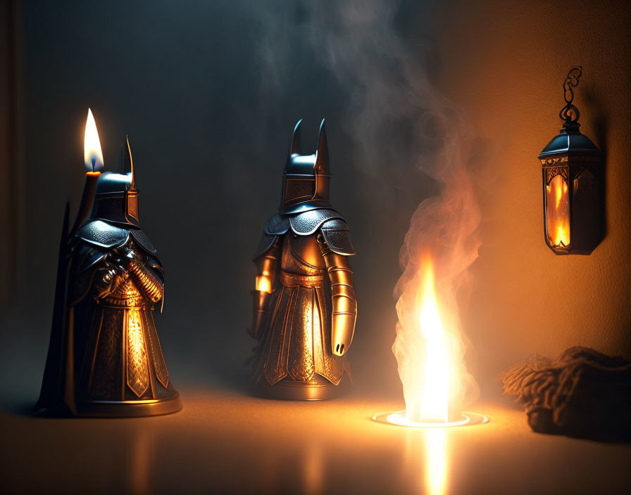 Knight-shaped candle holders with lit candles and smoking, plus hanging lantern in dimly lit setting