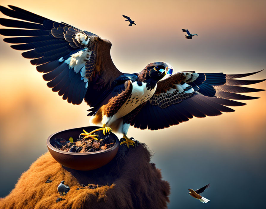 Majestic falcon with sunglasses perched on gloved hand against golden sky.