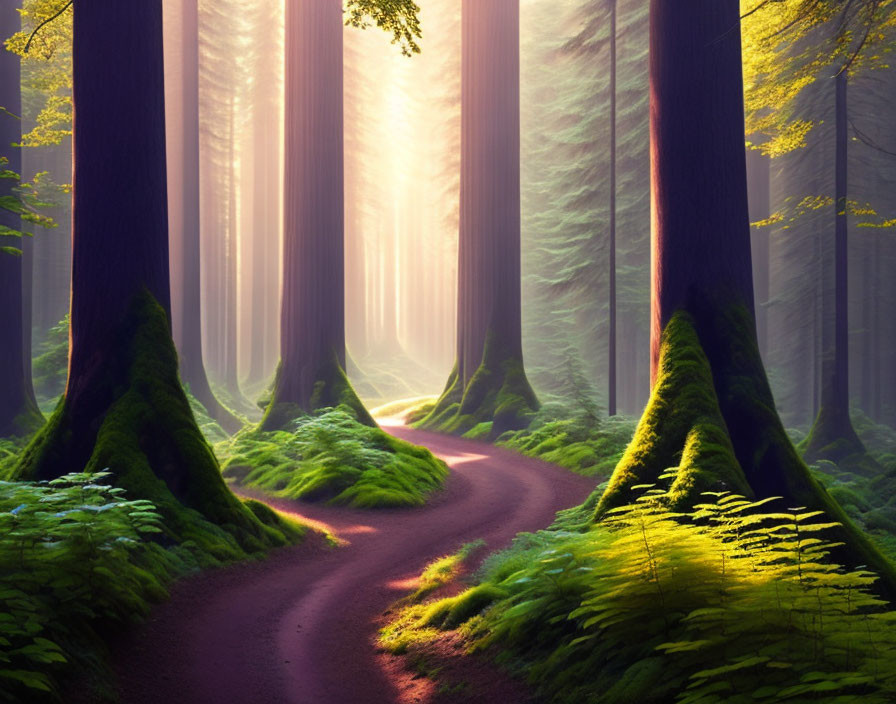 Mystical forest with winding dirt path and sunlight filtering through tall trees