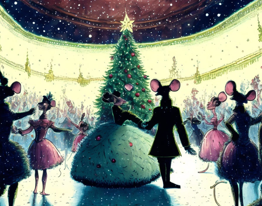 Ballet attire mice dance under starry sky at Christmas