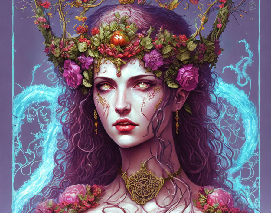 Portrait of mystical woman with floral crown and piercing eyes