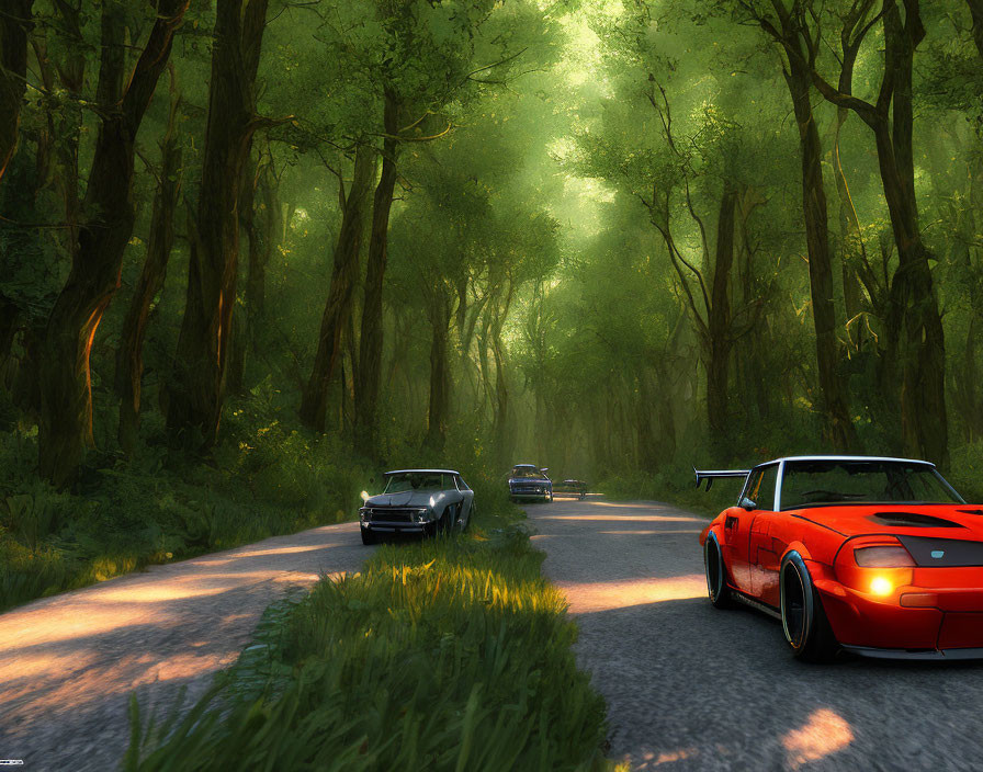 Forest road scene with red sports car and two cars in lush greenery