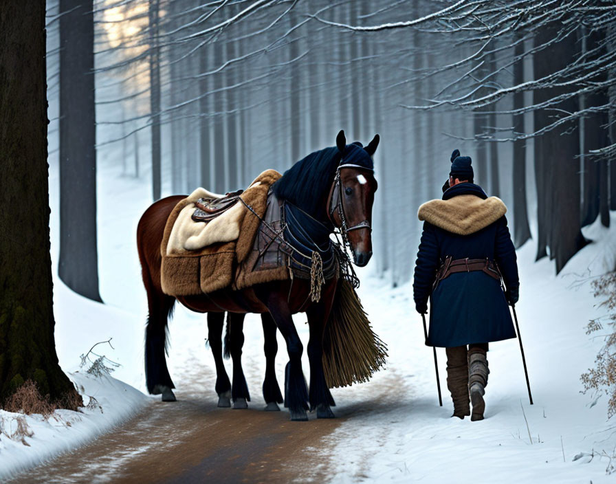 Historical figure in winter forest with saddled horse