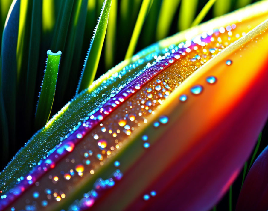 Vibrant plant leaves with dewdrops reflecting sunlight in colors