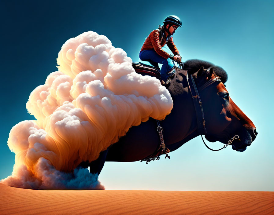 Person in helmet riding horse with billowing mane on blue-orange background