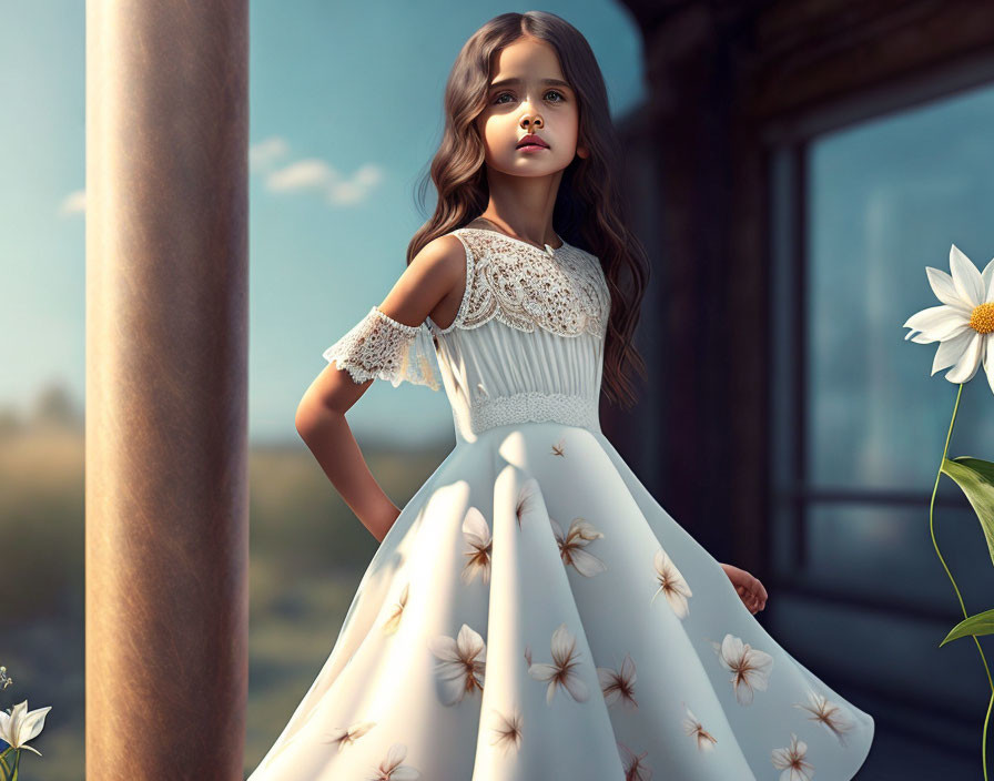 Young girl in white floral dress by window with daisies and blurred landscape