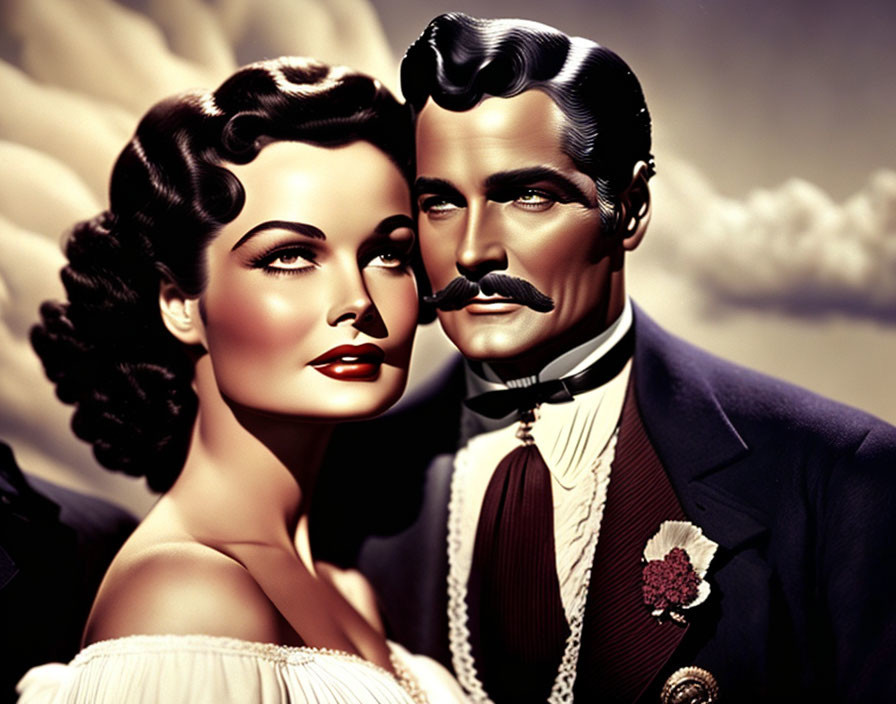 Vintage couple with wavy hair and mustache in classic Hollywood glamour