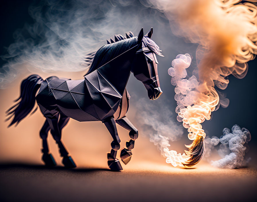 Stylized origami horse in dynamic pose with swirling smoke