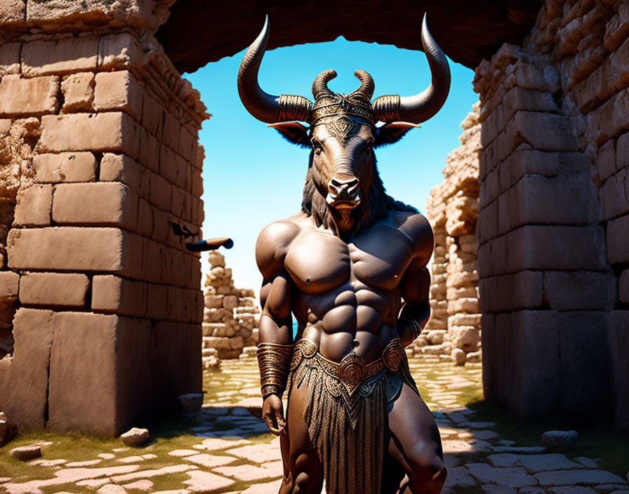 Bull-headed humanoid in armor under stone labyrinth archway