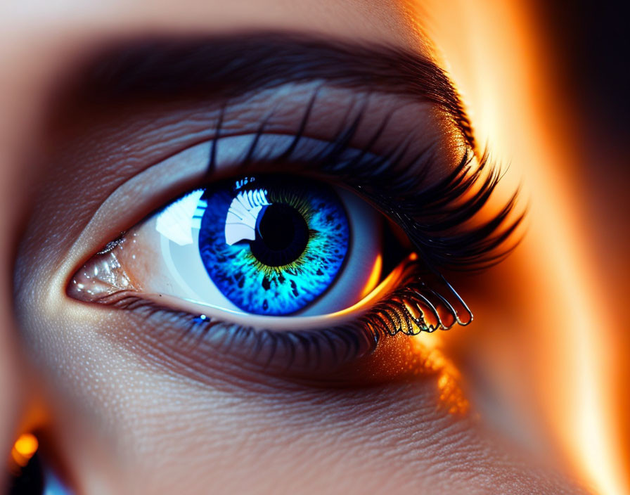 Detailed Close-Up of Vivid Blue Eye with Long Eyelashes and Orange Reflection