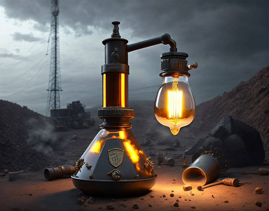 Steampunk-inspired glowing filament lamp in desolate industrial landscape