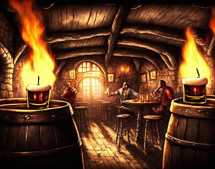 Medieval tavern scene with patrons, roaring fireplace, and ale mugs