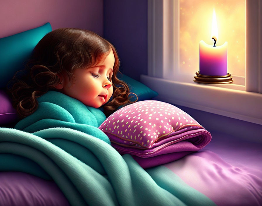 Curly-Haired Girl Sleeping Under Blue Blanket with Pink Candle at Night