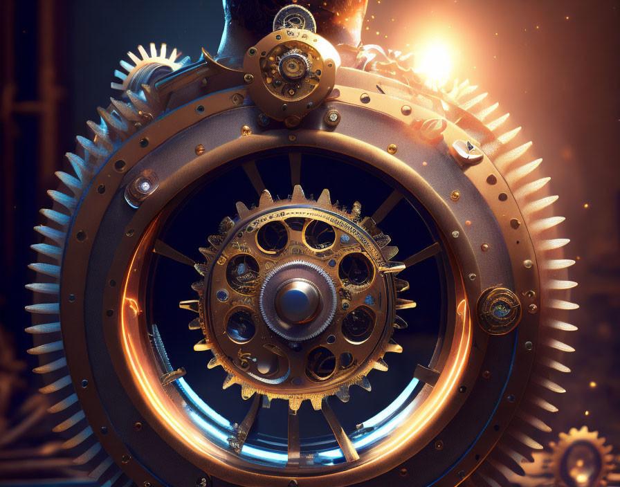 Detailed close-up of glowing mechanical gear assembly on dark background