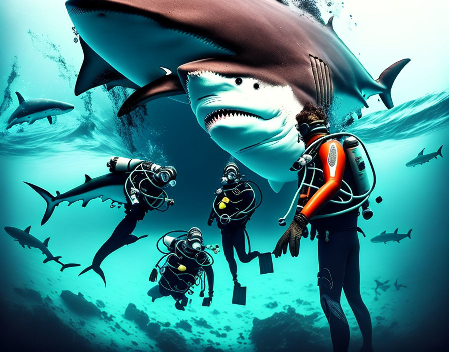 Underwater Divers with Sharks in Blue Ocean Environment