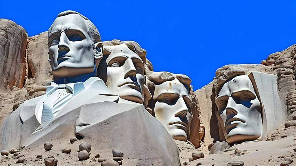 Sand sculpture of Mount Rushmore presidents under blue sky