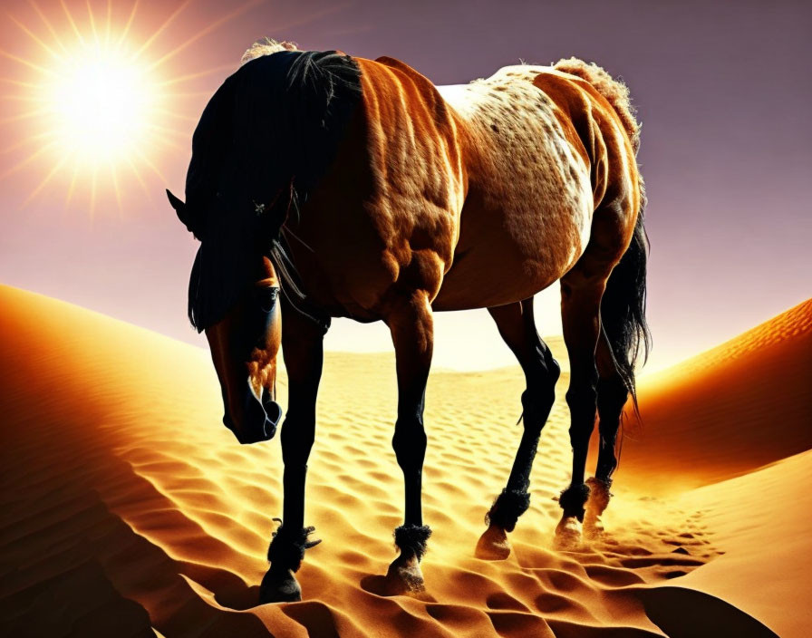 Majestic horse in desert sunset landscape