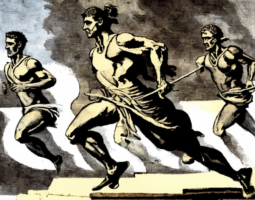 Stylized ancient Greek runners in monochrome against shaded backdrop