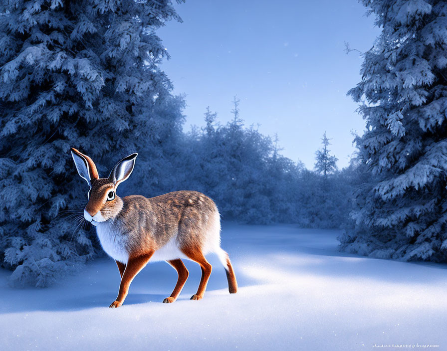 Whimsical creature with hare body and antelope horns in snowy forest at twilight