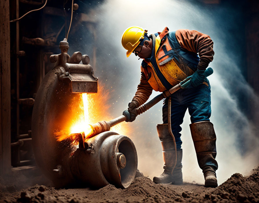 Worker in protective gear using torch on metal equipment with sparks flying in industrial setting