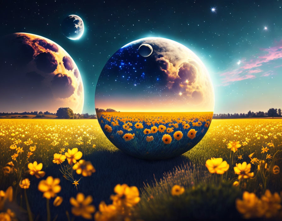 Surreal landscape with glowing flowers, moons, and transparent sphere