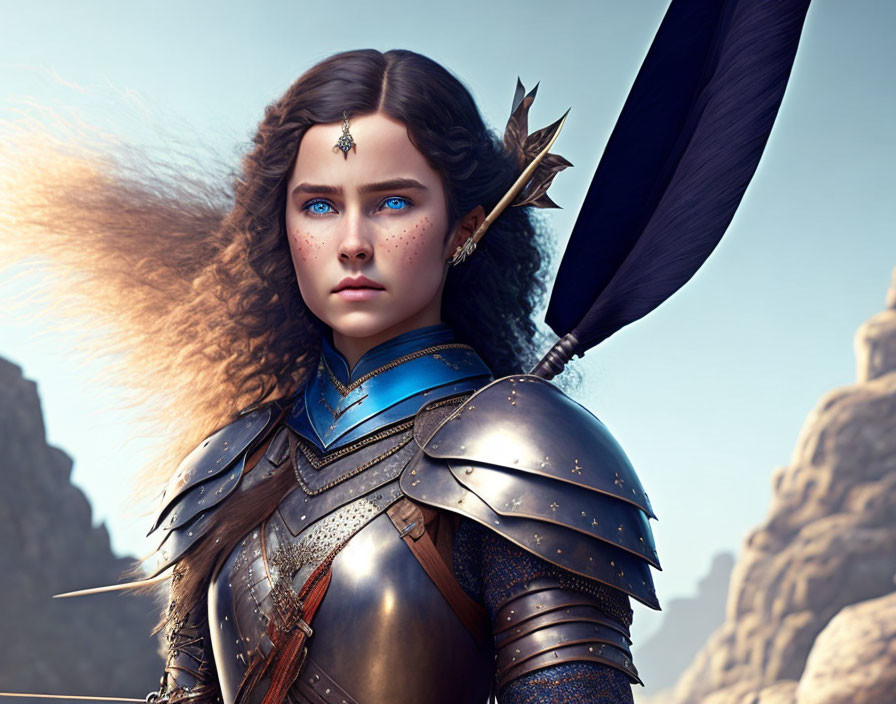 Woman in detailed armor with blue eyes and spear in digital art